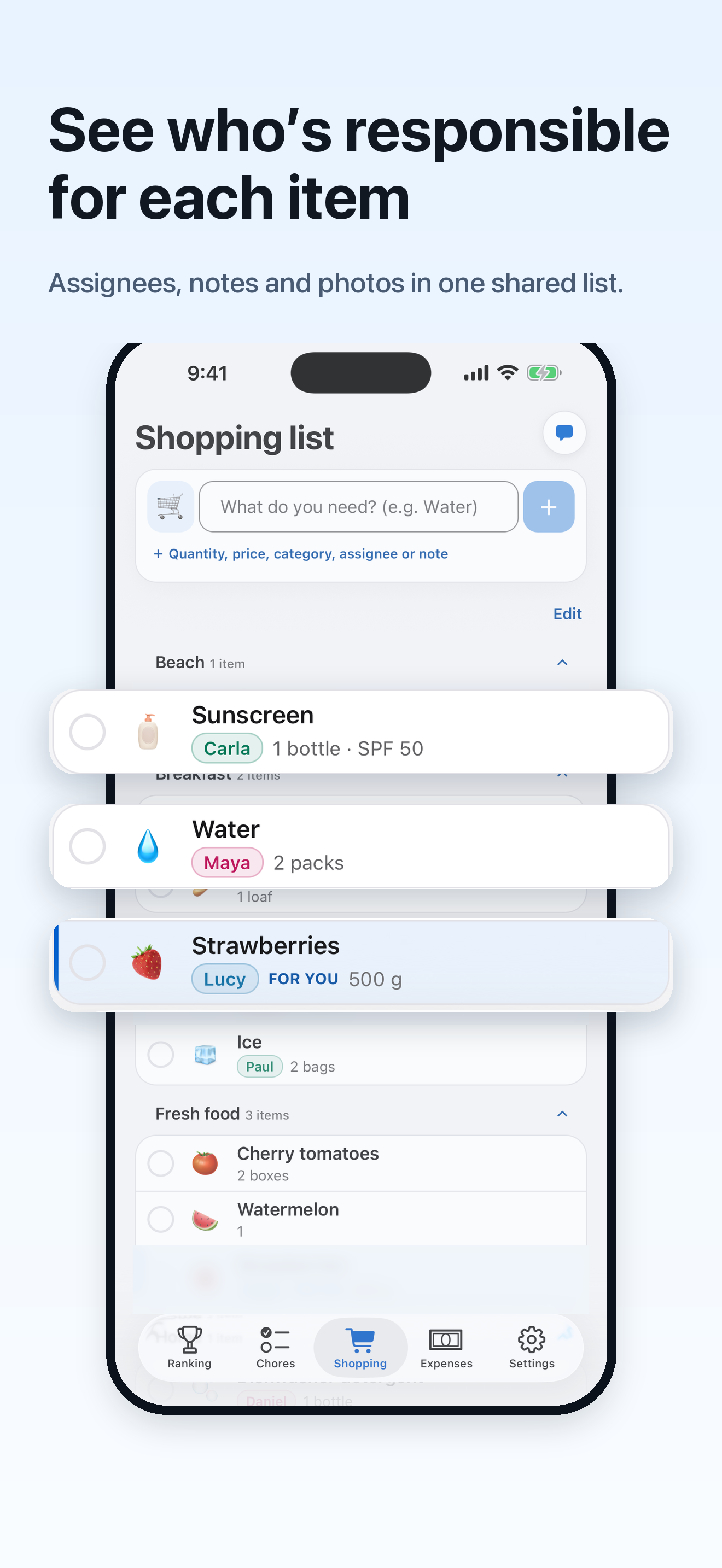 Shared Tokarea shopping list with a person responsible for each item