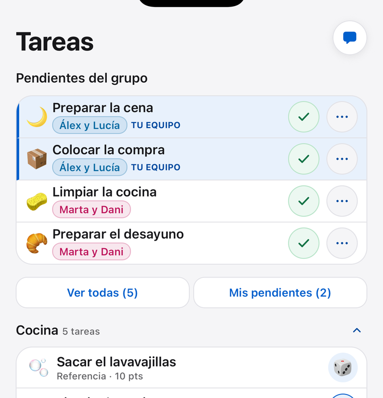 Lista de tareas de Tokarea con responsables, categorías y pendientes del grupo